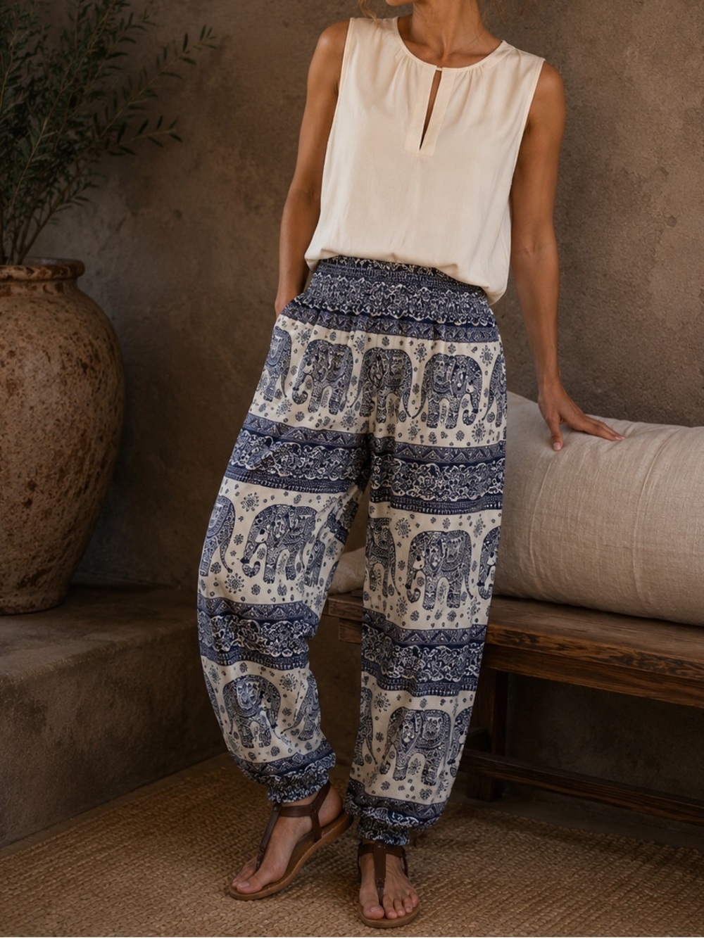 100% Cotton Thailand Navy and White Elephant Print Harem Pants Small Boho